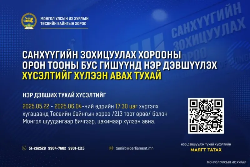 Санхүүгийн зохицуулах хорооны орон тооны бус гишүүнд нэр дэвшүүлэх сонгон шалгаруулалтын зар